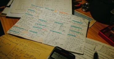 Calculator, study papers, pens and mathematics notes